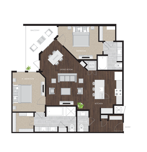 Floor plan for 2 beds, 2.5 baths, 1352 sqft
